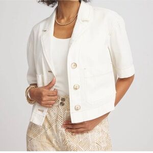 Chico's White Cropped Blazer with Short Sleeves and Tailored Fit